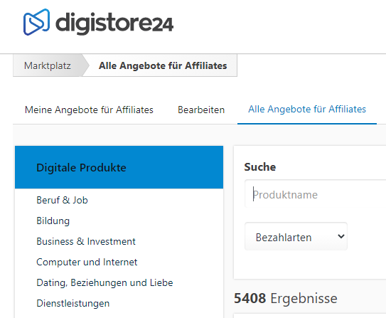 Digistore Kategorien und Nischen